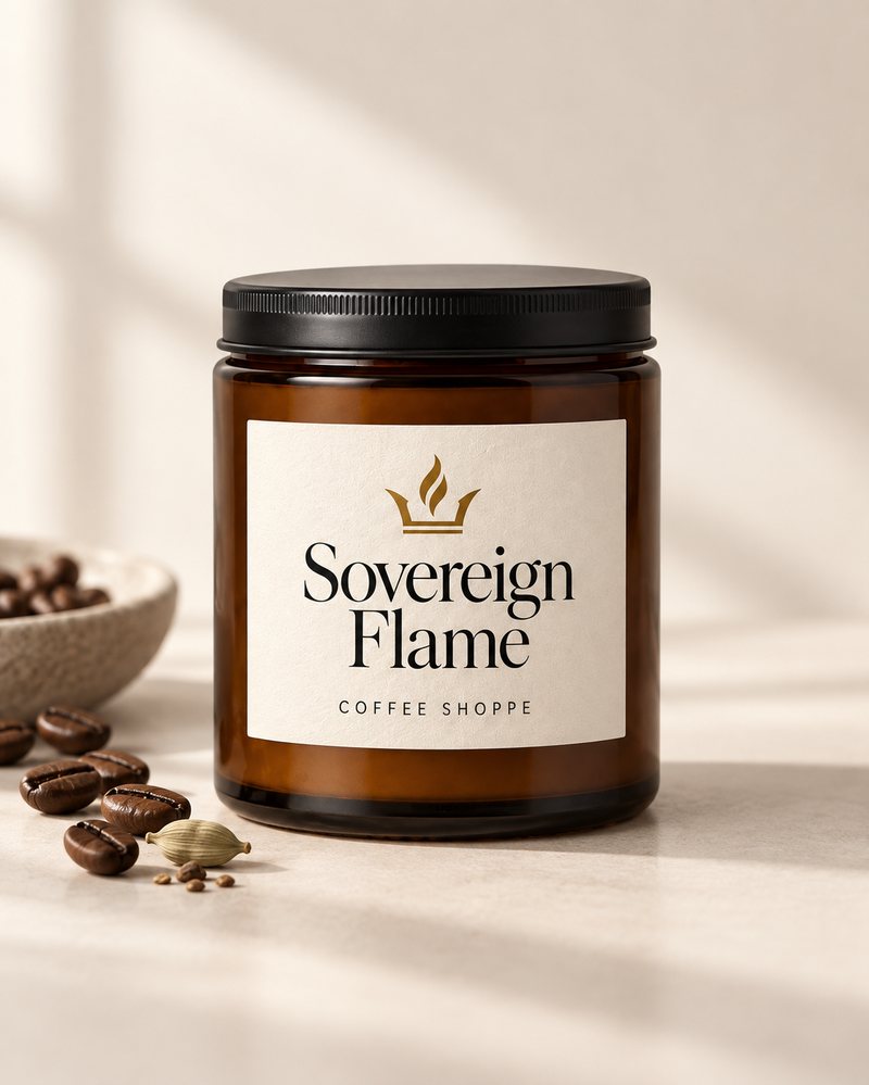Sovereign Flame Coffee Shoppe candle in an amber glass jar