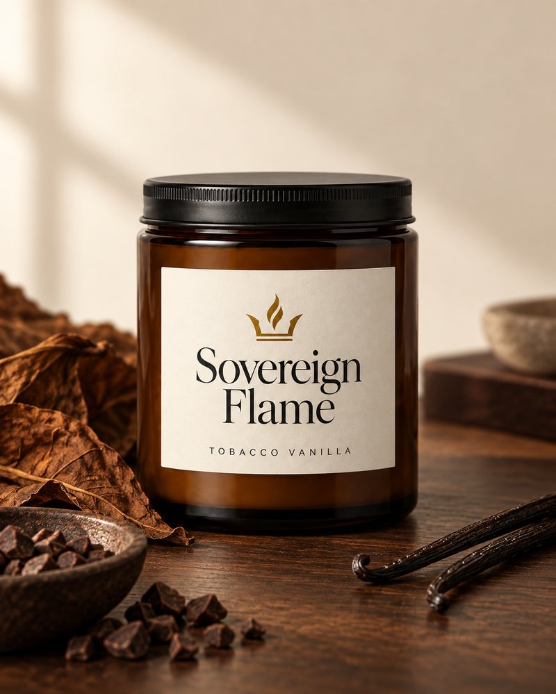 Sovereign Flame Tobacco Vanilla candle with tobacco leaf, cacao and vanilla pods